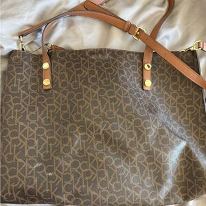 Calvin Klein Brown Monogram Canvas Tote with Tan Leather Straps